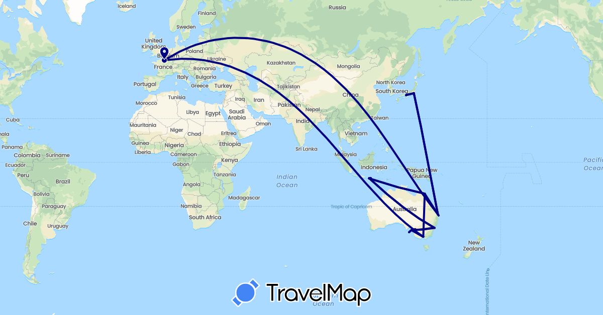 TravelMap itinerary: driving in Australia, France, Indonesia, Japan (Asia, Europe, Oceania)